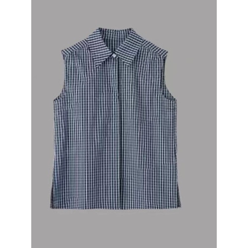 藍色格子無袖襯衫女春裝內搭曡穿神器POLO襯衣帶領子坎肩馬甲背心