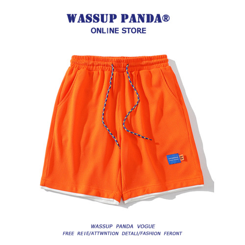 WASSUP PANDA華夫格白色運動短褲男夏季潮牌寬鬆休閒沙灘五分褲子