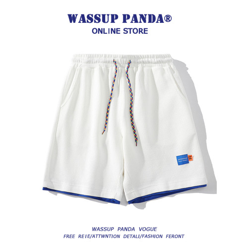 WASSUP PANDA華夫格白色運動短褲男夏季潮牌寬鬆休閒沙灘五分褲子