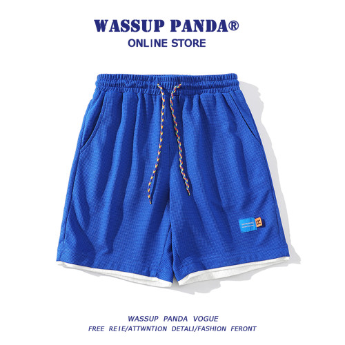WASSUP PANDA華夫格白色運動短褲男夏季潮牌寬鬆休閒沙灘五分褲子