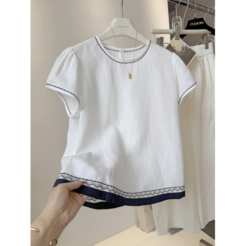 高級感襯衫女裝短袖2026夏季新款刺綉圓領寬鬆顯瘦韓系棉麻上衣薄