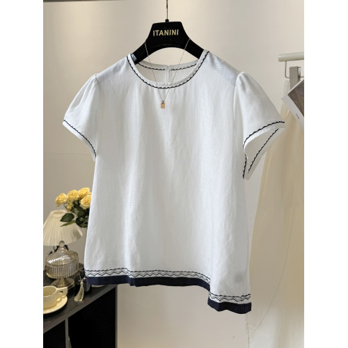 高級感襯衫女裝短袖2026夏季新款刺綉圓領寬鬆顯瘦韓系棉麻上衣薄