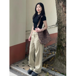 卡其色濶腿牛仔褲女2026新款美式設計感寬鬆直筒垂感拖地彎刀褲子