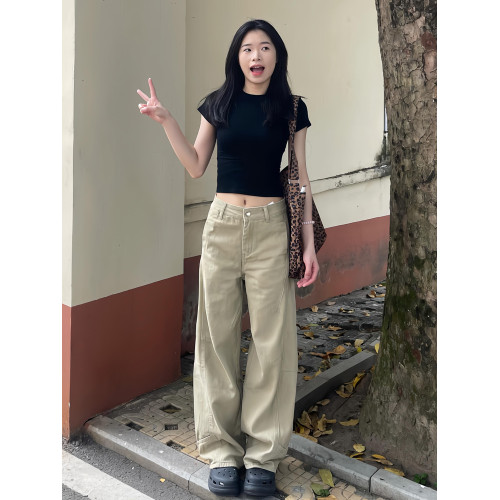 卡其色濶腿牛仔褲女2025新款美式設計感寬鬆直筒垂感拖地彎刀褲子