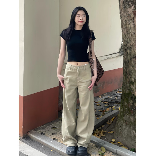 卡其色濶腿牛仔褲女2025新款美式設計感寬鬆直筒垂感拖地彎刀褲子