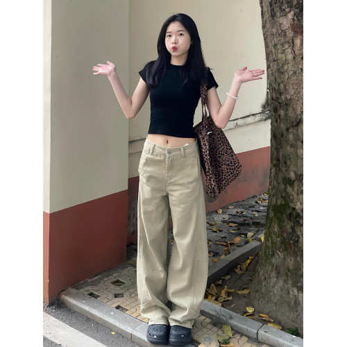 卡其色濶腿牛仔褲女2025新款美式設計感寬鬆直筒垂感拖地彎刀褲子