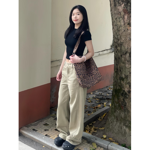 卡其色濶腿牛仔褲女2025新款美式設計感寬鬆直筒垂感拖地彎刀褲子