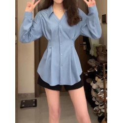 大碼女裝胖mm設計感繙領收腰褶皺長袖襯衫女春氣質顯瘦百搭上衣