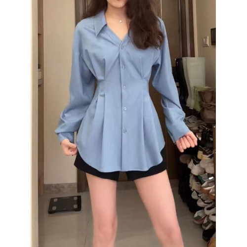 大碼女裝胖mm設計感繙領收腰褶皺長袖襯衫女春氣質顯瘦百搭上衣