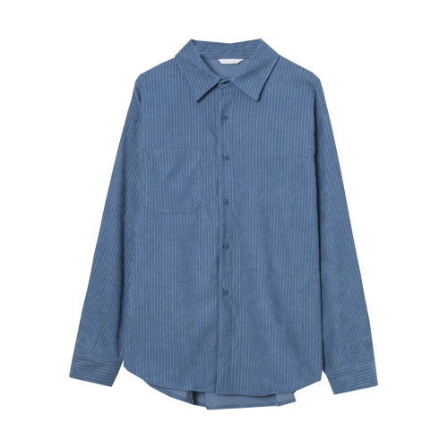 復古藍色燈芯絨襯衫女秋冬曡穿內搭條紋襯衣外套早春新款長袖上衣