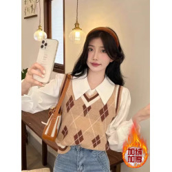 法式白色polo領長袖襯衫女秋冬設計感內搭襯衣小個子加絨保暖上衣