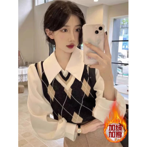 法式白色polo領長袖襯衫女秋冬設計感內搭襯衣小個子加絨保暖上衣