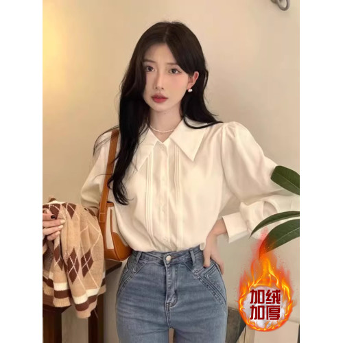 法式白色polo領長袖襯衫女秋冬設計感內搭襯衣小個子加絨保暖上衣