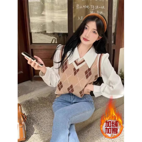 法式白色polo領長袖襯衫女秋冬設計感內搭襯衣小個子加絨保暖上衣