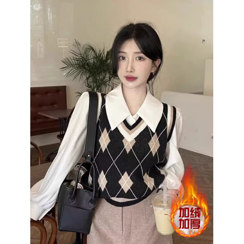 法式白色polo領長袖襯衫女秋冬設計感內搭襯衣小個子加絨保暖上衣