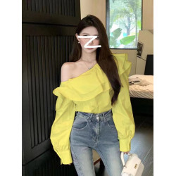 春秋荷葉邊露肩襯衫女裝2025年新款長袖法式設計感氣質名媛短上衣