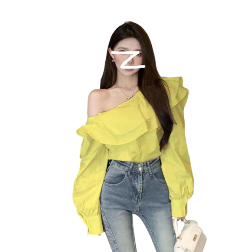 春秋荷葉邊露肩襯衫女裝2025年新款長袖法式設計感氣質名媛短上衣