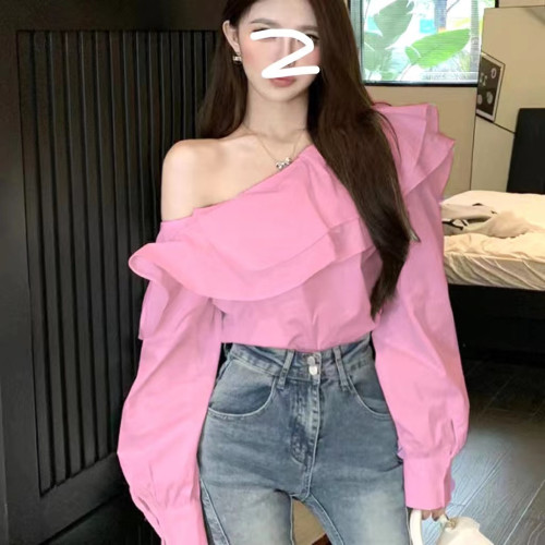 春秋荷葉邊露肩襯衫女裝2025年新款長袖法式設計感氣質名媛短上衣