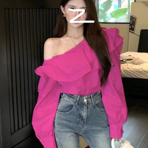 春秋荷葉邊露肩襯衫女裝2025年新款長袖法式設計感氣質名媛短上衣