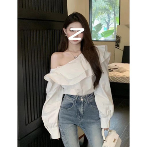 春秋荷葉邊露肩襯衫女裝2025年新款長袖法式設計感氣質名媛短上衣