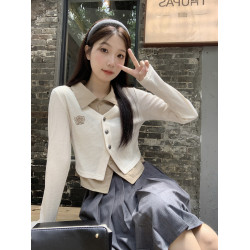 大碼學院風針織內搭假兩件長袖襯衫女早秋設計感小衆遮肚顯瘦上衣