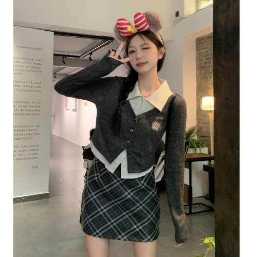 大碼學院風針織內搭假兩件長袖襯衫女早秋設計感小衆遮肚顯瘦上衣