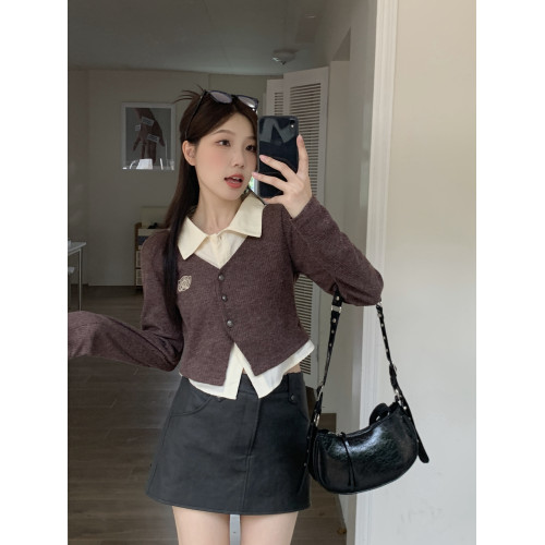 大碼學院風針織內搭假兩件長袖襯衫女早秋設計感小衆遮肚顯瘦上衣