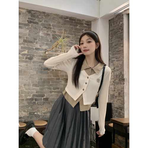 大碼學院風針織內搭假兩件長袖襯衫女早秋設計感小衆遮肚顯瘦上衣