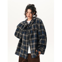 BWKA美式復古撞色格紋連帽襯衫女男春季新款潮牌寬鬆慵懶百搭襯衣