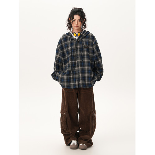 BWKA美式復古撞色格紋連帽襯衫女男春季新款潮牌寬鬆慵懶百搭襯衣