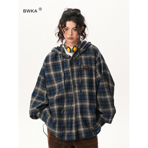 BWKA美式復古撞色格紋連帽襯衫女男春季新款潮牌寬鬆慵懶百搭襯衣