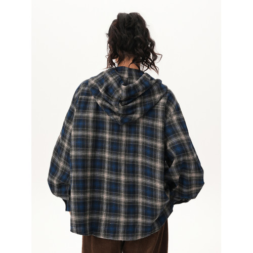 BWKA美式復古撞色格紋連帽襯衫女男春季新款潮牌寬鬆慵懶百搭襯衣