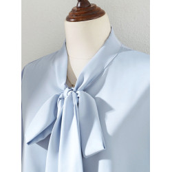 2025春秋新款藍色蝴蝶結緞面垂感襯衫女氣質燈籠袖通勤OL長袖上衣