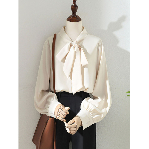 2025春秋新款藍色蝴蝶結緞面垂感襯衫女氣質燈籠袖通勤OL長袖上衣