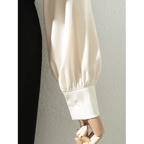 2025春秋新款藍色蝴蝶結緞面垂感襯衫女氣質燈籠袖通勤OL長袖上衣