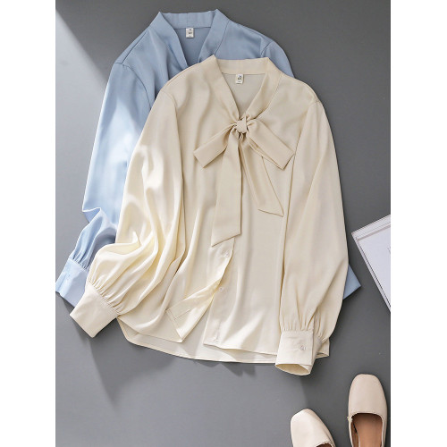 2025春秋新款藍色蝴蝶結緞面垂感襯衫女氣質燈籠袖通勤OL長袖上衣