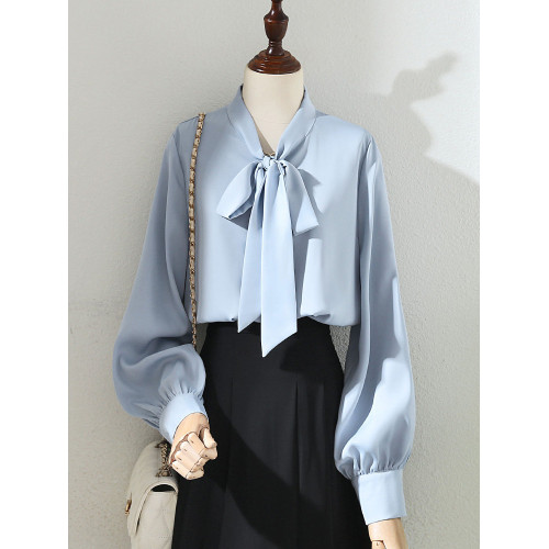 2025春秋新款藍色蝴蝶結緞面垂感襯衫女氣質燈籠袖通勤OL長袖上衣