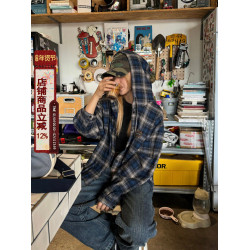 川川也撞色格紋美式連帽長袖襯衫男女復古街頭寬鬆休閒POLO衫潮牌