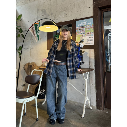 川川也撞色格紋美式連帽長袖襯衫男女復古街頭寬鬆休閒POLO衫潮牌