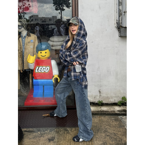 川川也撞色格紋美式連帽長袖襯衫男女復古街頭寬鬆休閒POLO衫潮牌