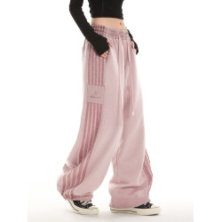 RESUMM條紋運動褲女美式hiphop潮牌高街衛褲寬鬆直筒垂感休閒褲