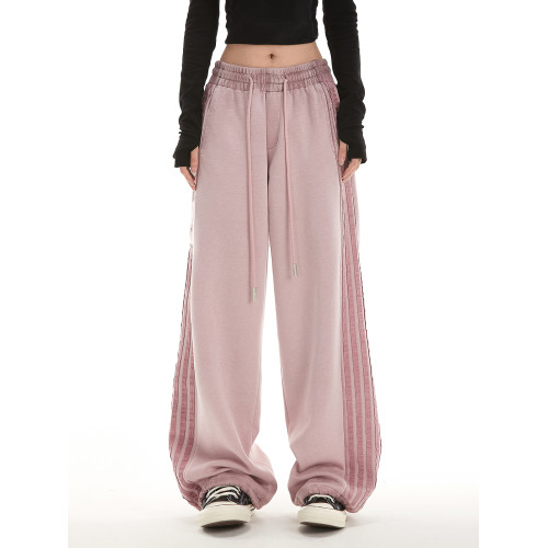 RESUMM條紋運動褲女美式hiphop潮牌高街衛褲寬鬆直筒垂感休閒褲