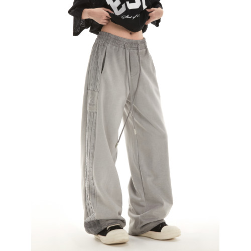 RESUMM條紋運動褲女美式hiphop潮牌高街衛褲寬鬆直筒垂感休閒褲