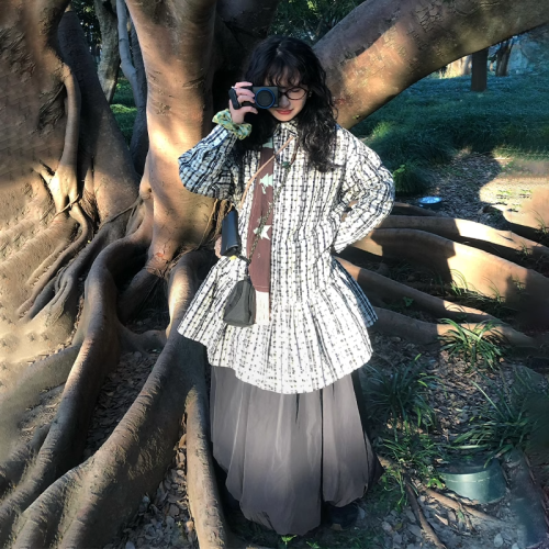 文藝復古碎花格子單排釦襯衫連衣裙曡穿內搭長款上衣女2025年春季