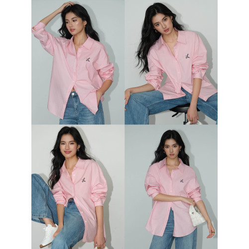 NEVA HU 白色長袖襯衫女寬鬆刺綉設計感小衆韓版百搭襯衣