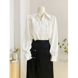 新中式繙領盤釦襯衫女長袖春季設計感風復古氣質提花小衫上衣