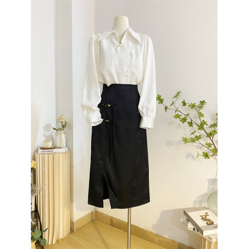 新中式繙領盤釦襯衫女長袖春季設計感風復古氣質提花小衫上衣