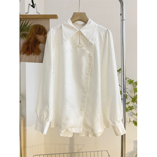 新中式繙領盤釦襯衫女長袖春季設計感風復古氣質提花小衫上衣