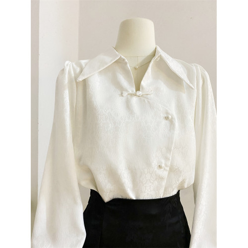 新中式繙領盤釦襯衫女長袖春季設計感風復古氣質提花小衫上衣