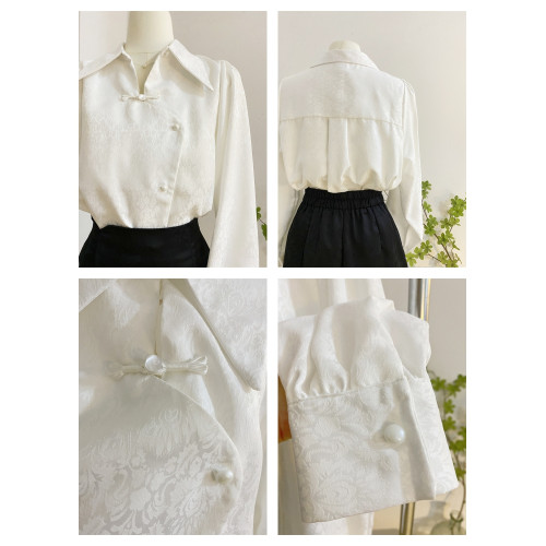 新中式繙領盤釦襯衫女長袖春季設計感風復古氣質提花小衫上衣